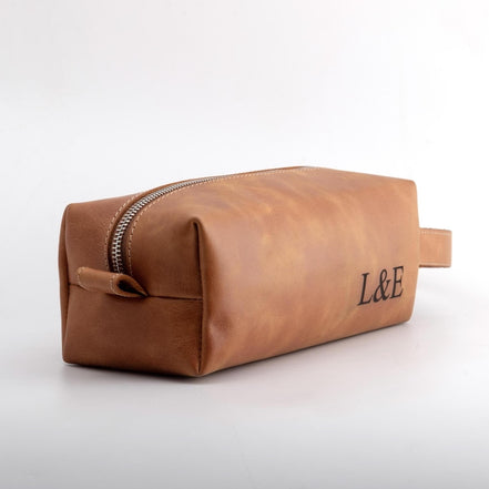 Personalized Calfskin Leather Toiletry Bag: Engraved Travel Dopp Kit