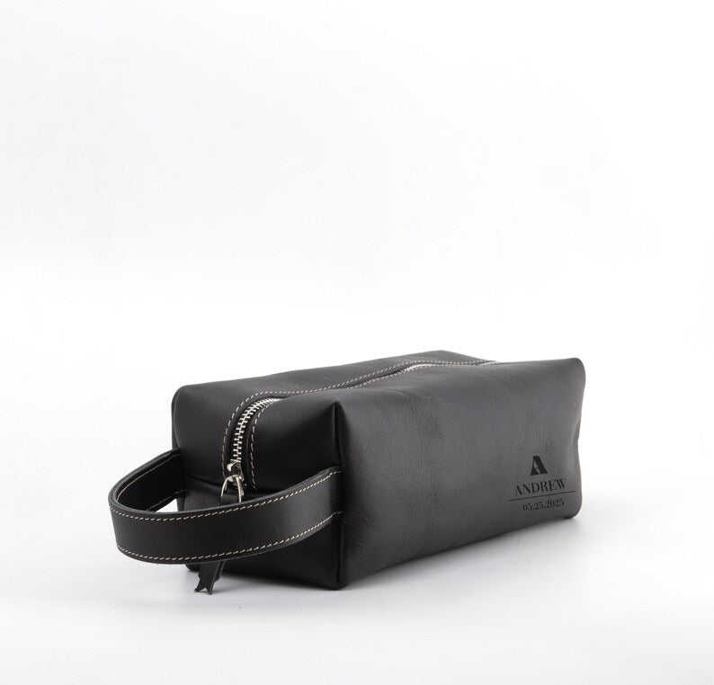 Personalized Calfskin Leather Toiletry Bag: Engraved Travel Dopp Kit