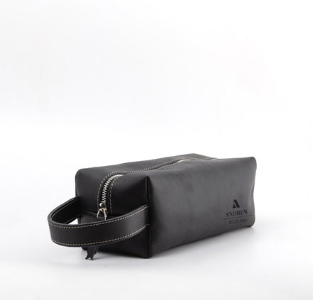 Personalized Calfskin Leather Toiletry Bag: Engraved Travel Dopp Kit