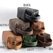 Personalized Calfskin Leather Toiletry Bag: Engraved Travel Dopp Kit