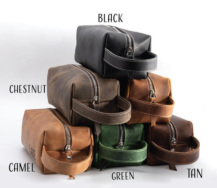 Personalized Calfskin Leather Toiletry Bag: Engraved Travel Dopp Kit