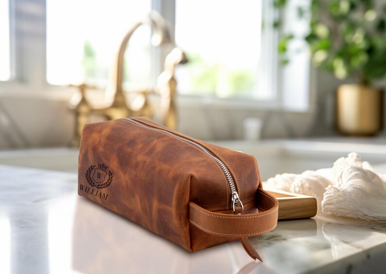 Personalized Calfskin Leather Toiletry Bag: Engraved Travel Dopp Kit